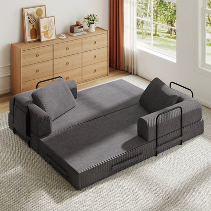 Two modular convertible sleeper sofas with cylindrical pillows in dark gray striped upholstery on Tampa Home & Garden Store