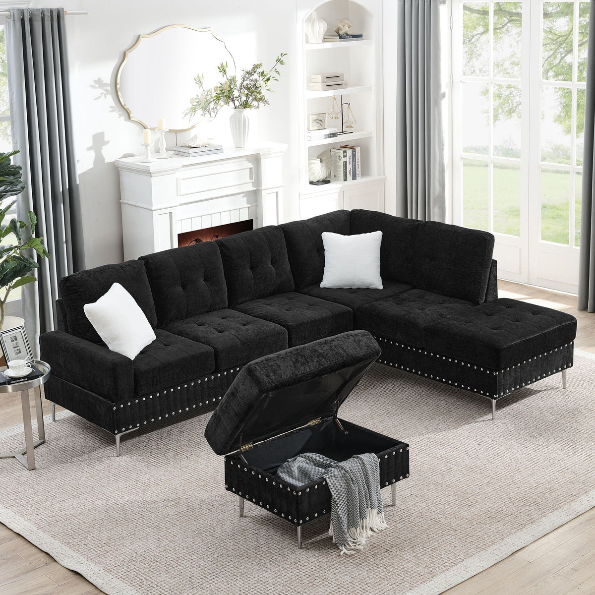 HouseOfZazla black L-shaped sectional with chaise and storage ottoman, 2 pillows on Tampa Home & Garden Store