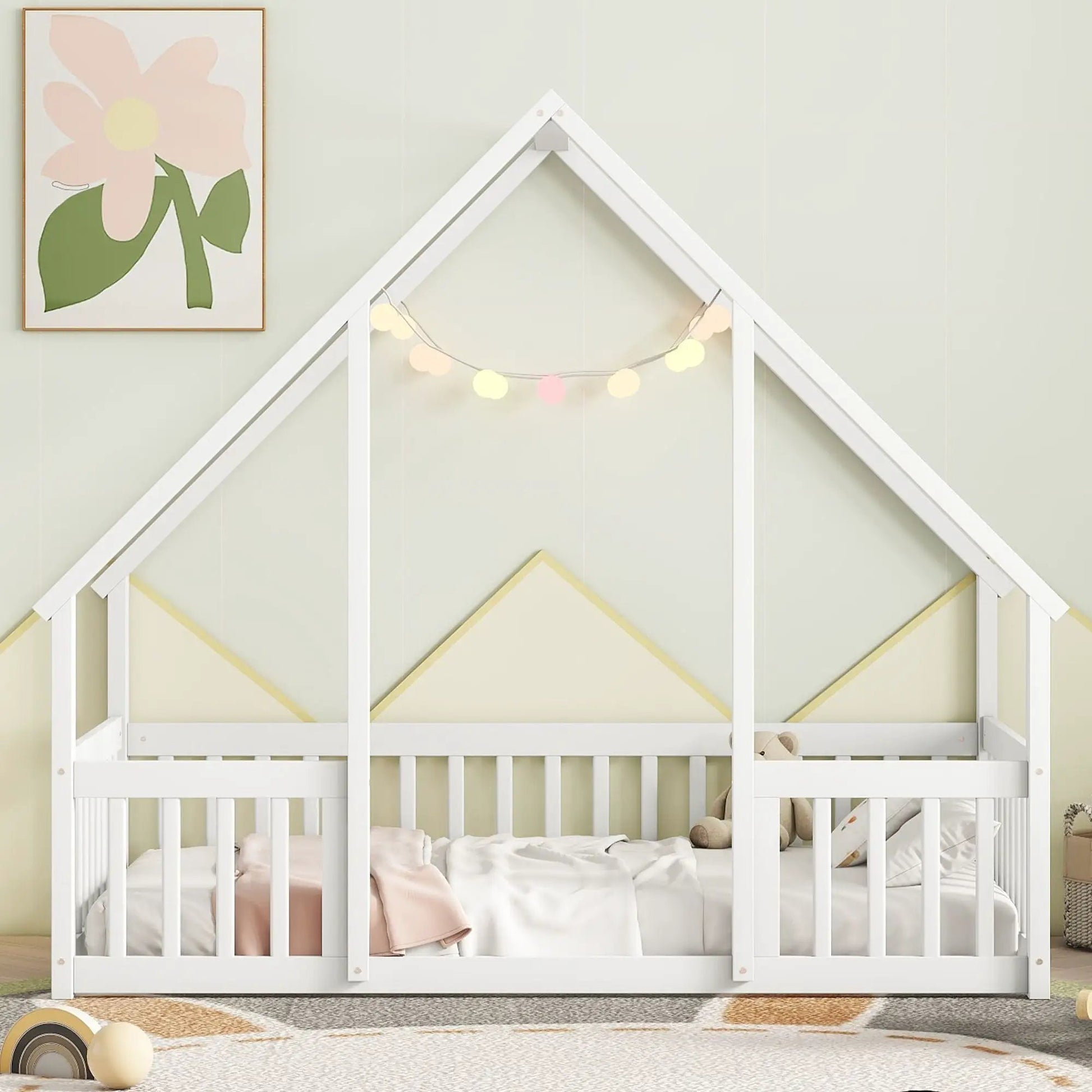 Toddler bed wood house-shaped bed with fence guardrails, white finish, Unique Piece Furniture on Tampa Home & Garden Store