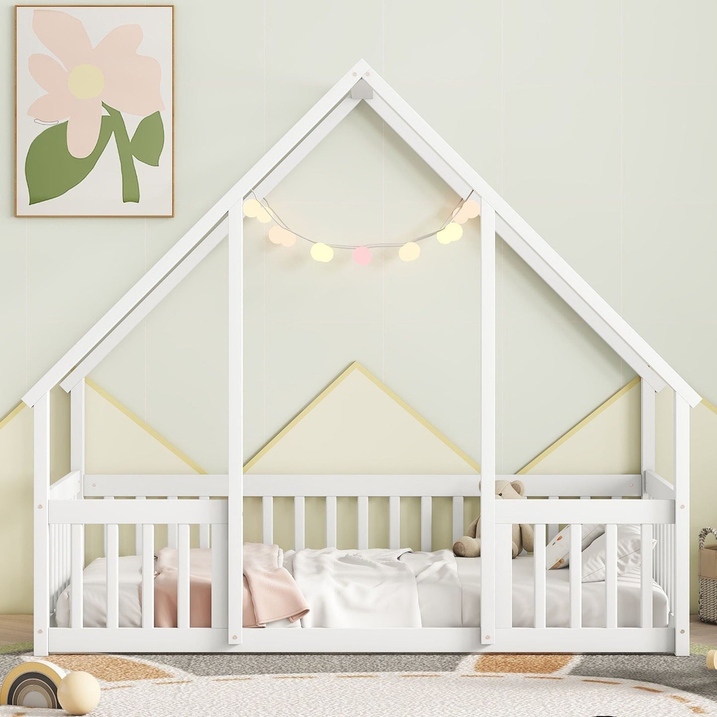 A Wood House Floor Bed with Guardrail Fence