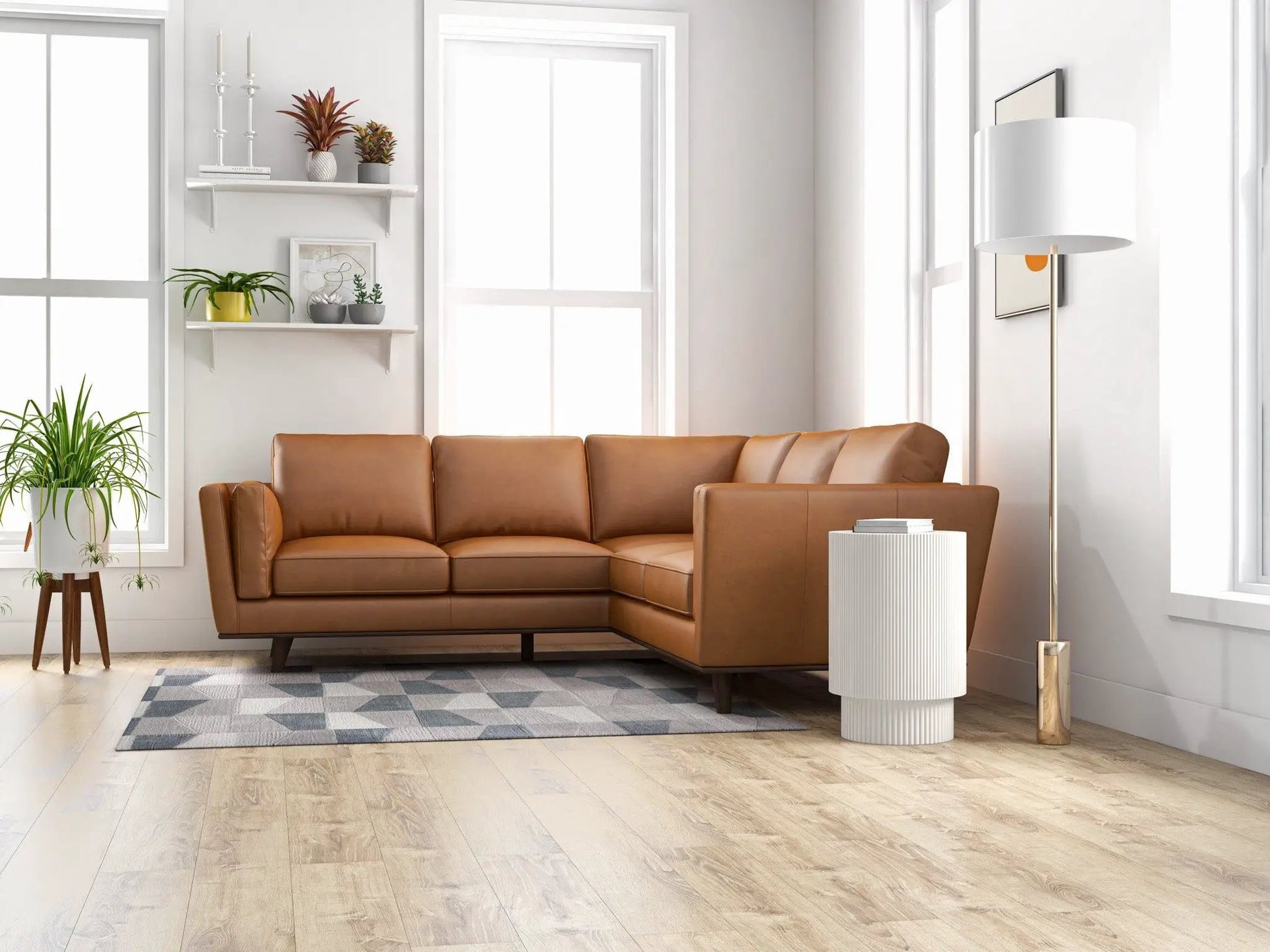 Erman Corner Sofa tan leather stationary sectional by Unique Piece Furniture bright living room on Tampa Home & Garden Store