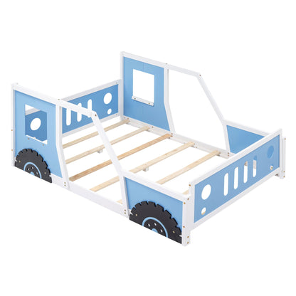 Classic car-shaped platform bed with blue panels, white frame and wheel accents on Tampa Home & Garden Store