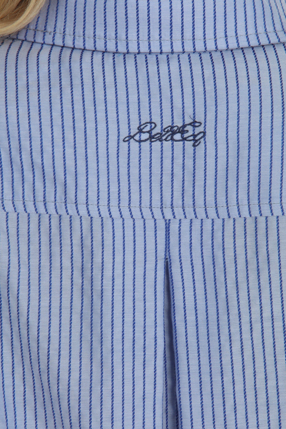 SUNDAE Women's Blouse Blueberry shirt with blue pinstripe fabric and BellEq logo on Tampa Home & Garden Store