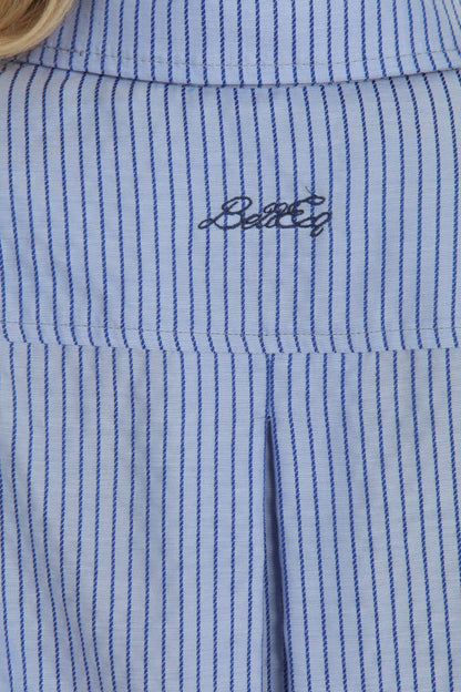 SUNDAE Women's Blouse Blueberry shirt with blue pinstripe fabric and BellEq logo on Tampa Home & Garden Store