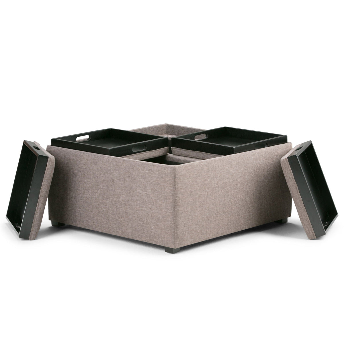 Avalon Square Ottoman Coffee Table With Trays beige fabric ottoman with 4 black trays on Tampa Home & Garden Store