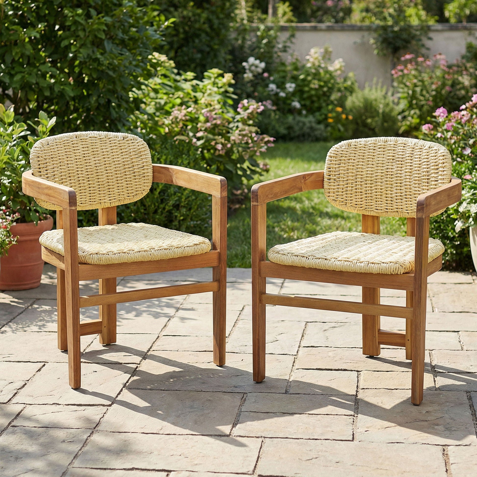Outdoor accent armchairs set of 2 in natural teak with woven wicker seats and backs on Tampa Home & Garden Store