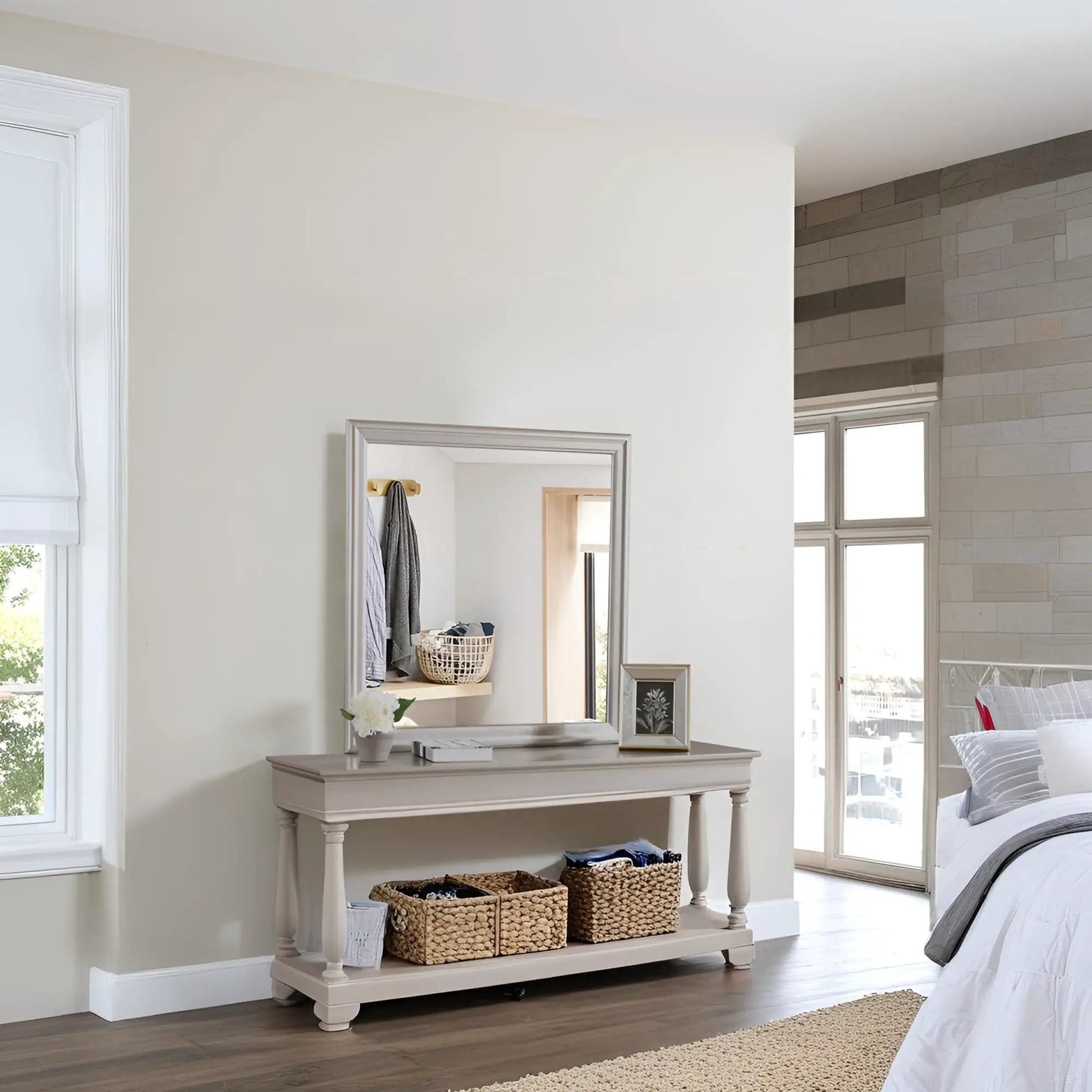 Traditional wall mirror by Unique Piece Furniture with silver frame above beige console in bedroom on Tampa Home & Garden Store