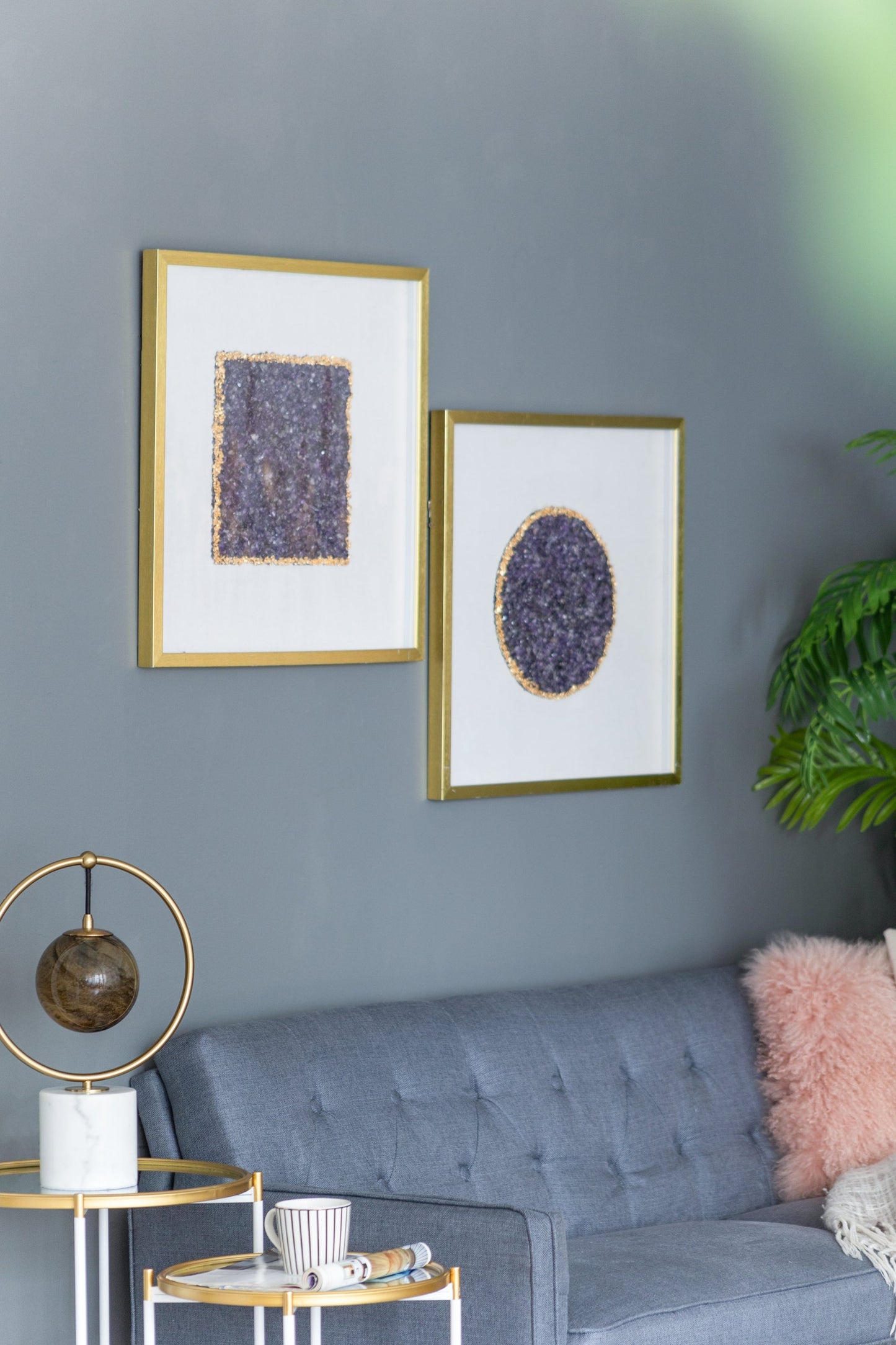 Lillian Améthyste Shadow Box Duo two square and oval purple panels in gold frames HouseOfZazla on Tampa Home & Garden Store