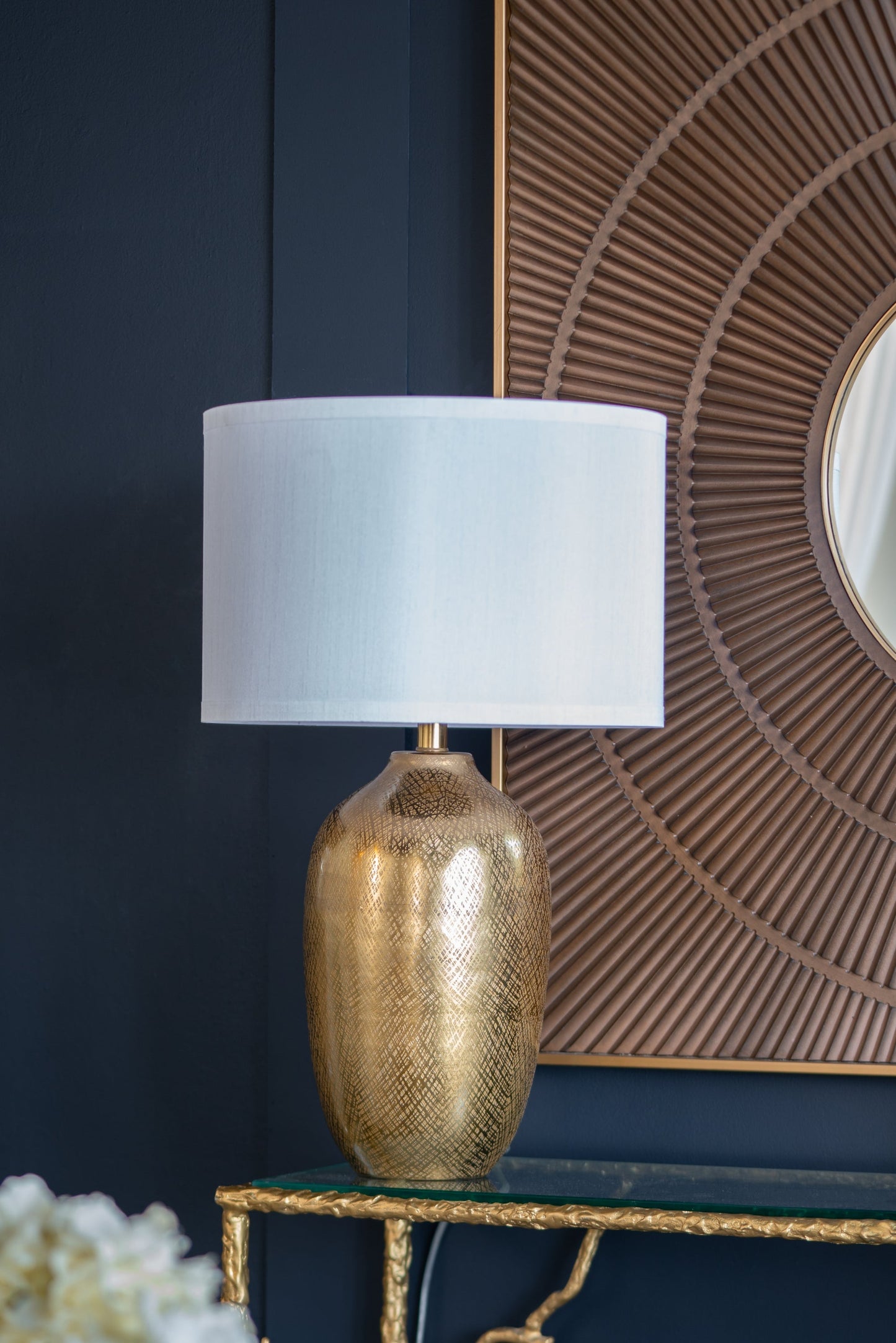 HouseOfZazla round gold aluminum table lamp with white fabric shade on Tampa Home & Garden Store