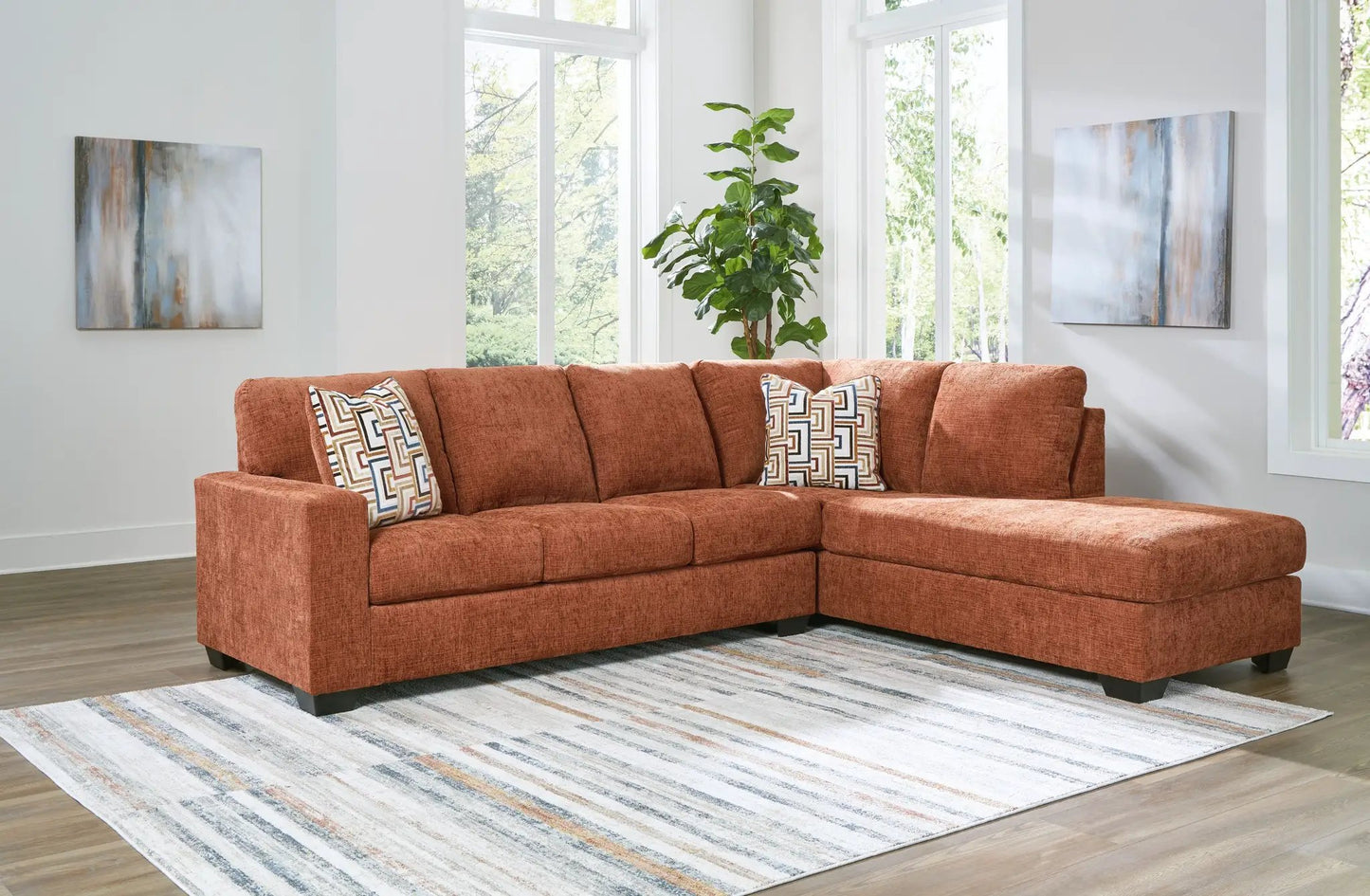Aviemore sectional Unique Piece Furniture burnt orange stationary sofa with pillows on Tampa Home & Garden Store