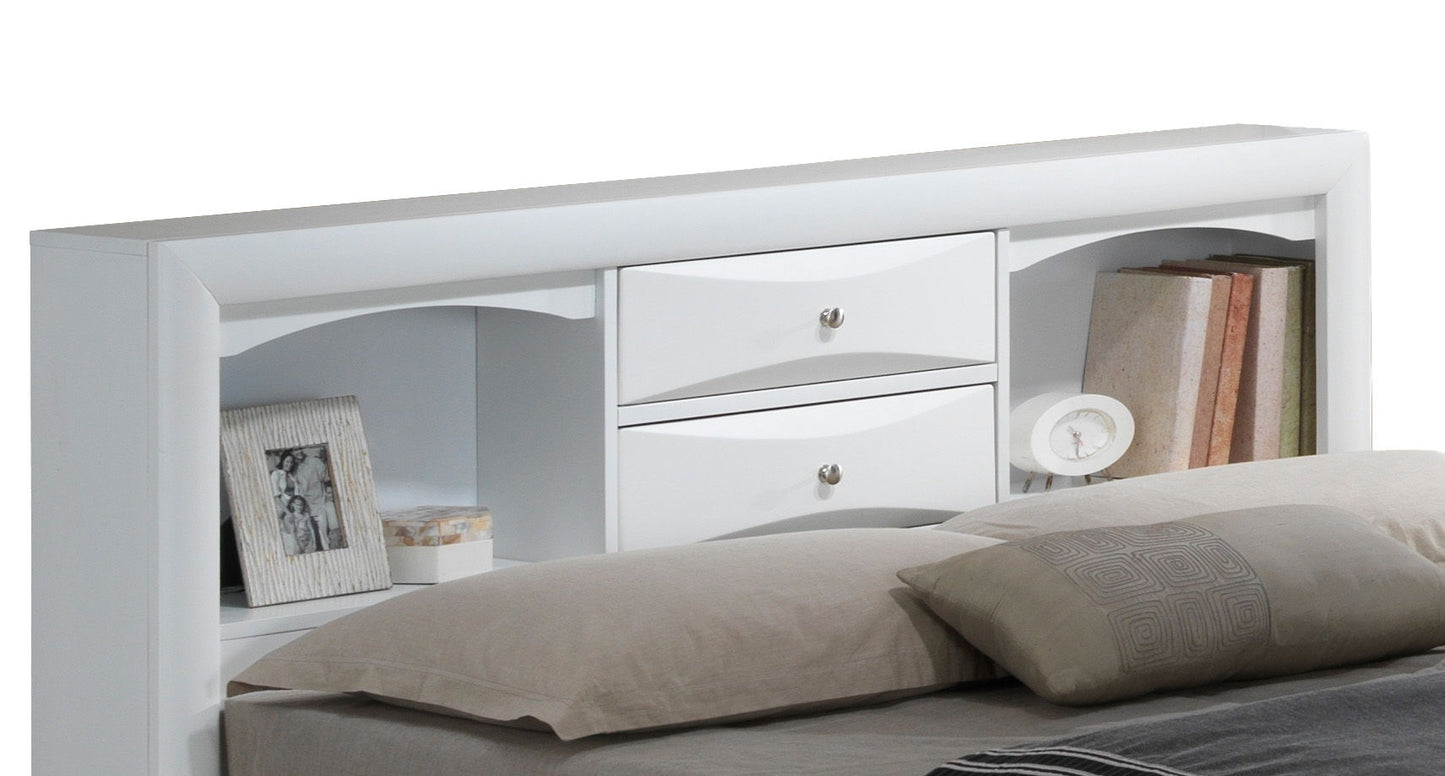 Modern design storage bed with bookcase headboard, white finish, built-in drawers, HouseOfZazla on Tampa Home & Garden Store