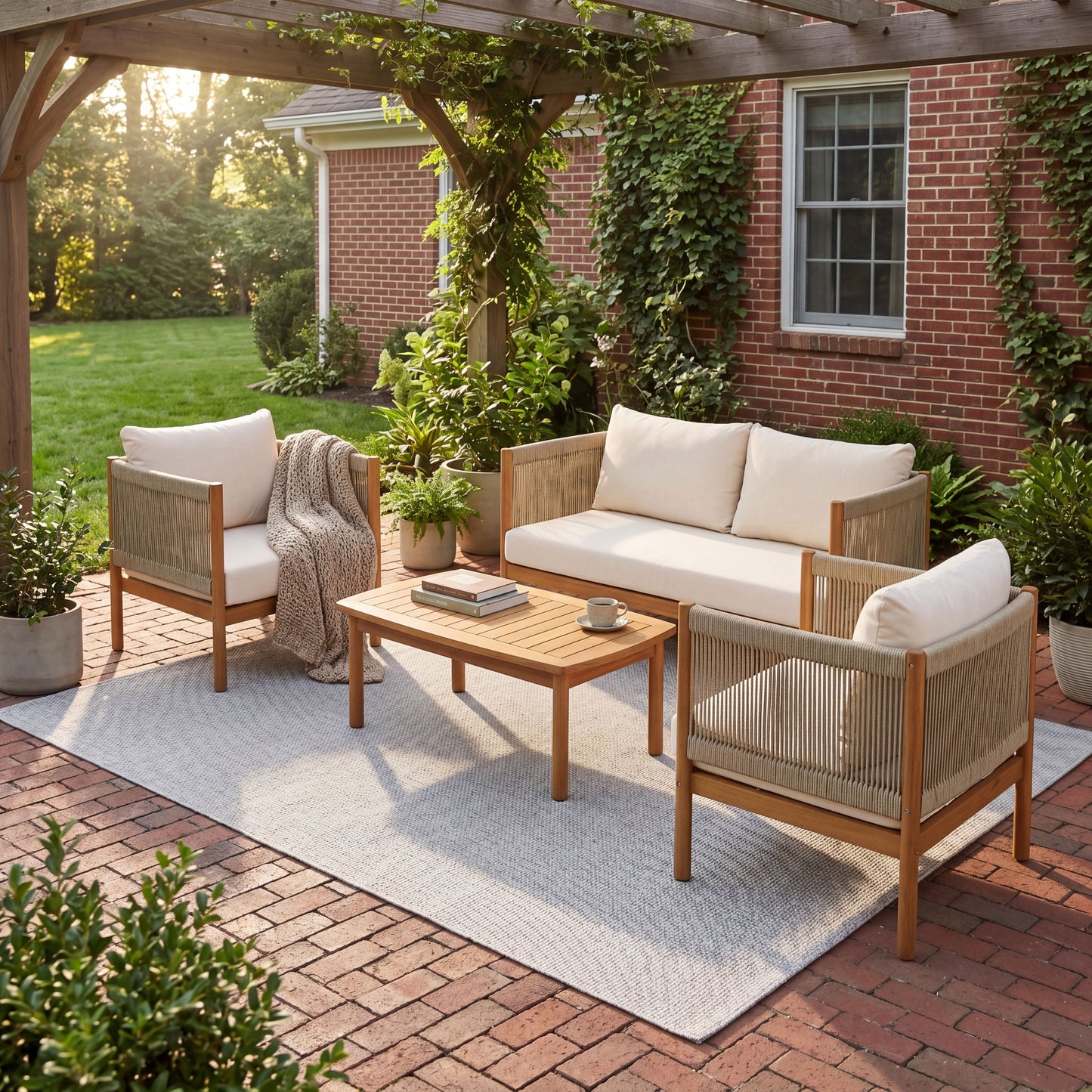 4 Piece Outdoor Sofa Set with Acacia Wood Frame