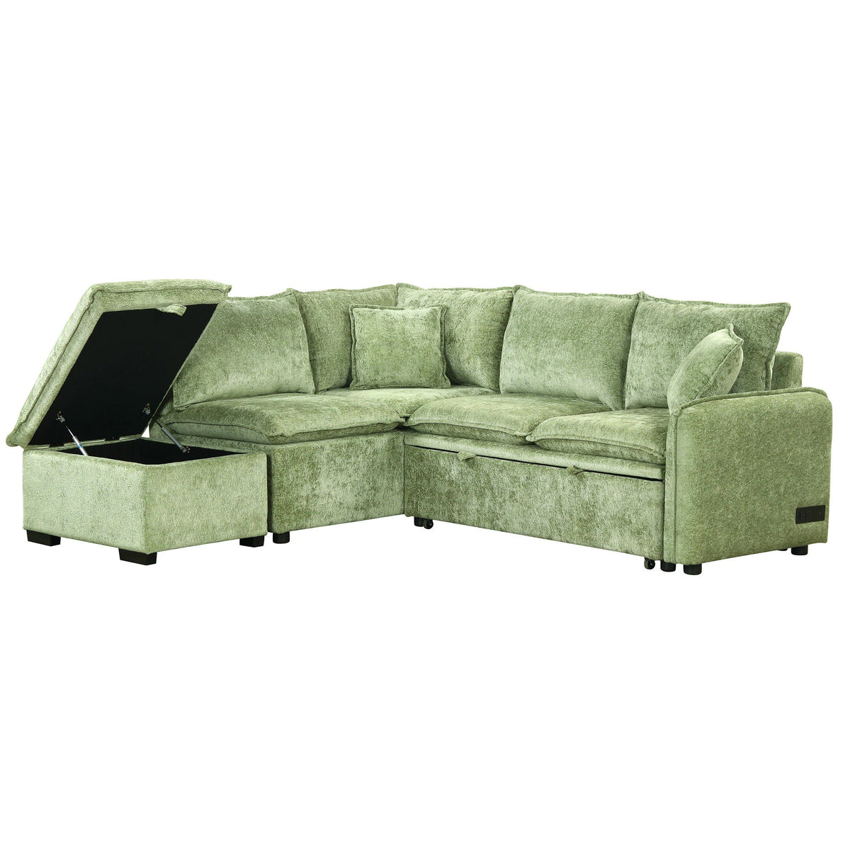 Sleeper sectional sofa HouseOfZazla in green velvet with open storage ottoman, L-shaped on Tampa Home & Garden Store