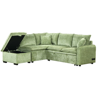 Sleeper sectional sofa HouseOfZazla in green velvet with open storage ottoman, L-shaped on Tampa Home & Garden Store