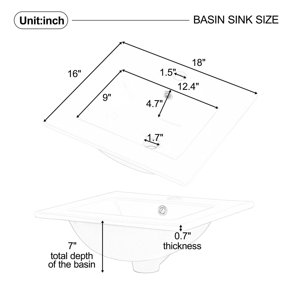 Bathroom vanity with sink and adjustable shelf diagram, white finish on Tampa Home & Garden Store