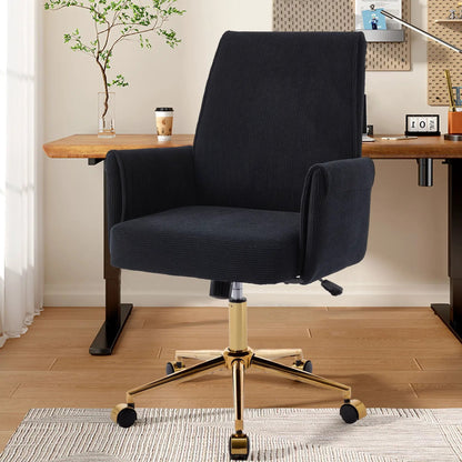 Ergonomic mid-back office chair in black fabric with gold base and caster wheels on Tampa Home & Garden Store