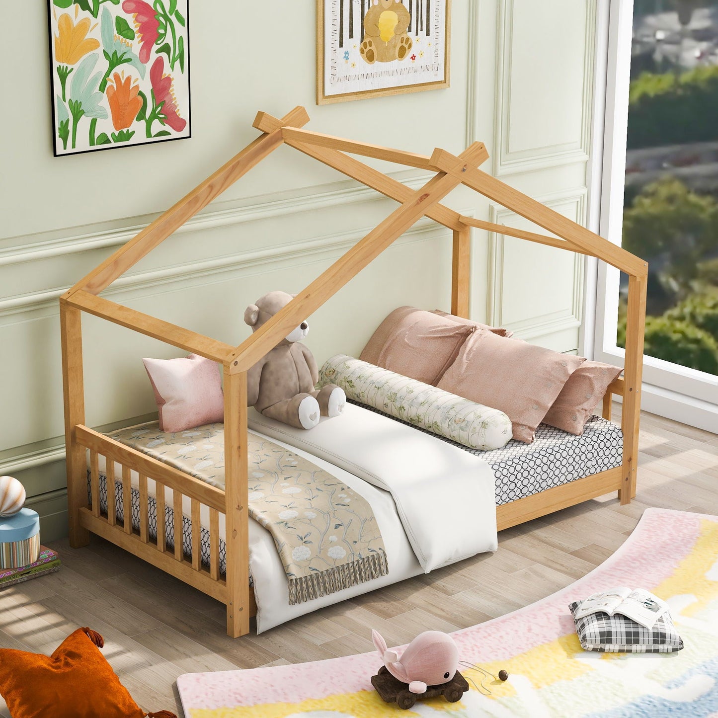 Roof-design platform bed frame by HouseOfZazla in light wood with headboard and footboard on Tampa Home & Garden Store
