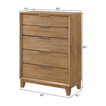 Natural Wood 5 Drawer Tall Chest for Bedroom