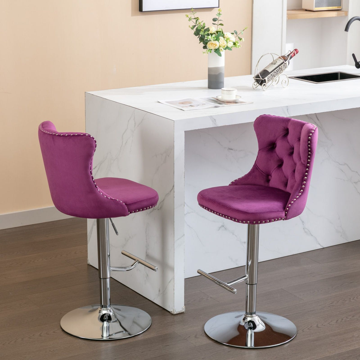 Purple velvet swivel bar stools set of 2, tufted backs, adjustable height, chrome bases on Tampa Home & Garden Store