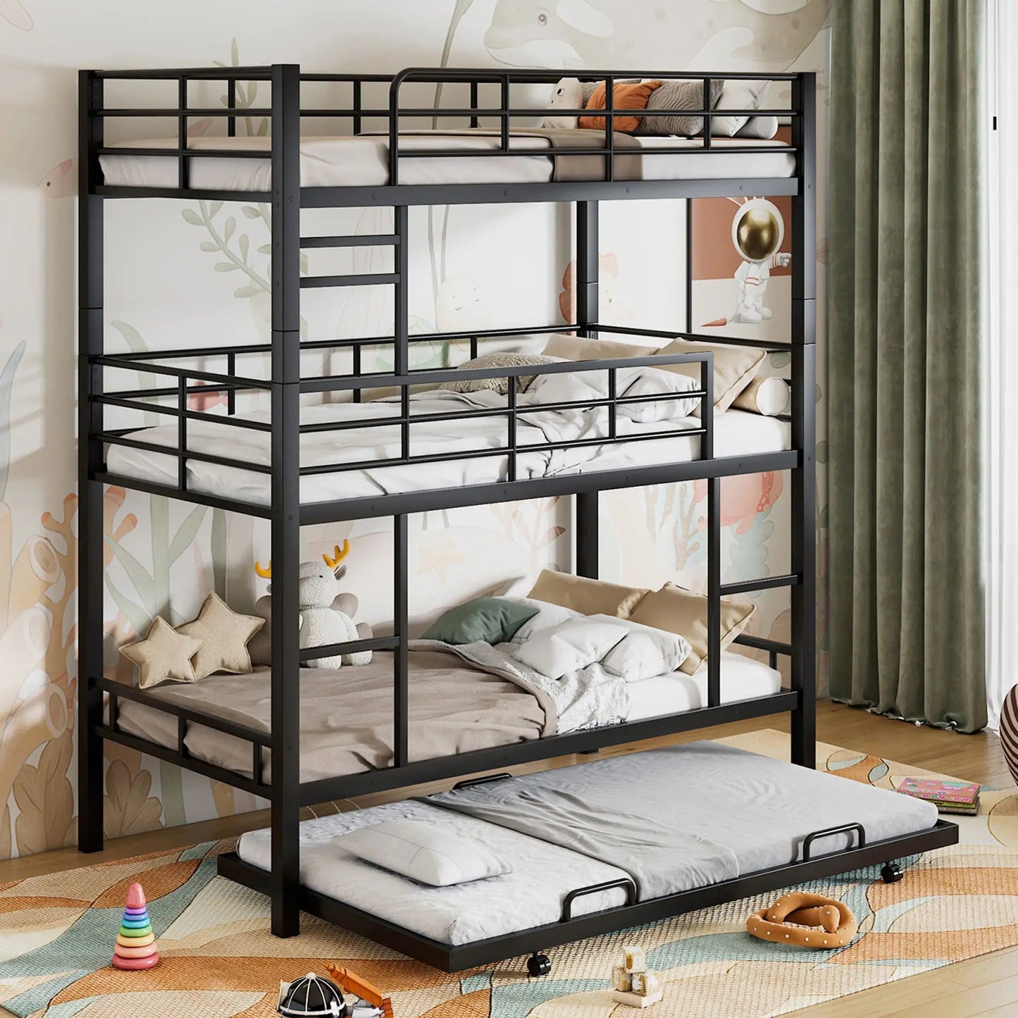 Triple bunk bed with trundle in black heavy-duty steel construction on Tampa Home & Garden Store
