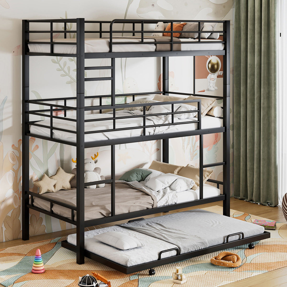 Triple bunk bed with trundle in heavy duty steel, black finish by HouseOfZazla on Tampa Home & Garden Store