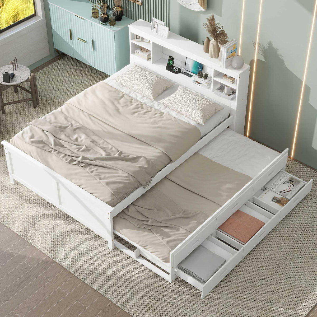 White platform bed with storage headboard and USB, featuring shelves, trundle and three drawers on Tampa Home & Garden Store