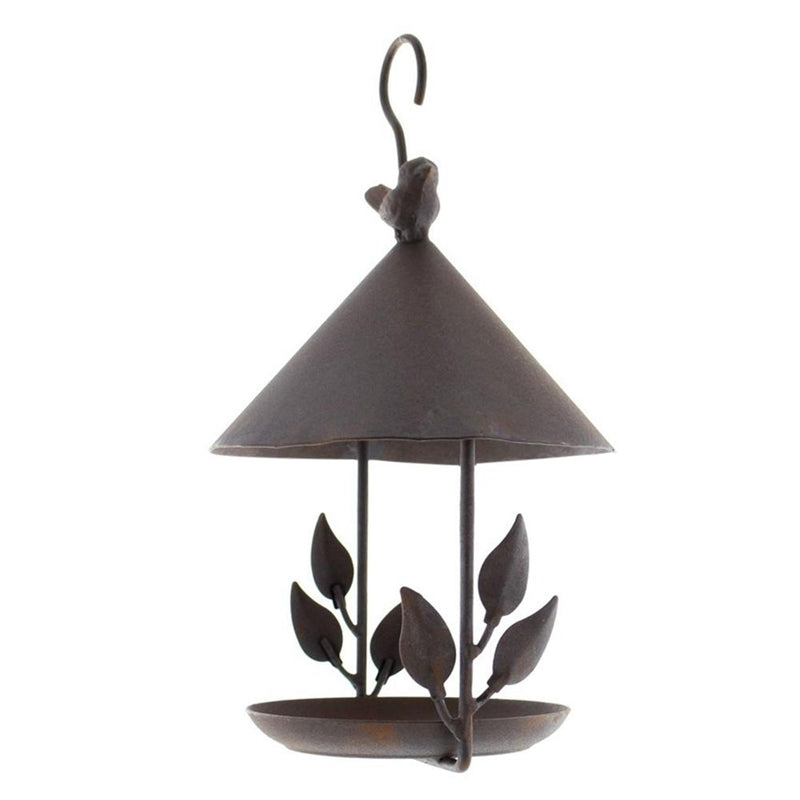 American made old wrought iron bird feeder with cone roof and leaf accents on Tampa Home & Garden Store