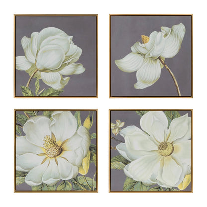 Framed botanical wall art prints set of 4 in gray with white flowers, gold frames, on Tampa Home & Garden Store