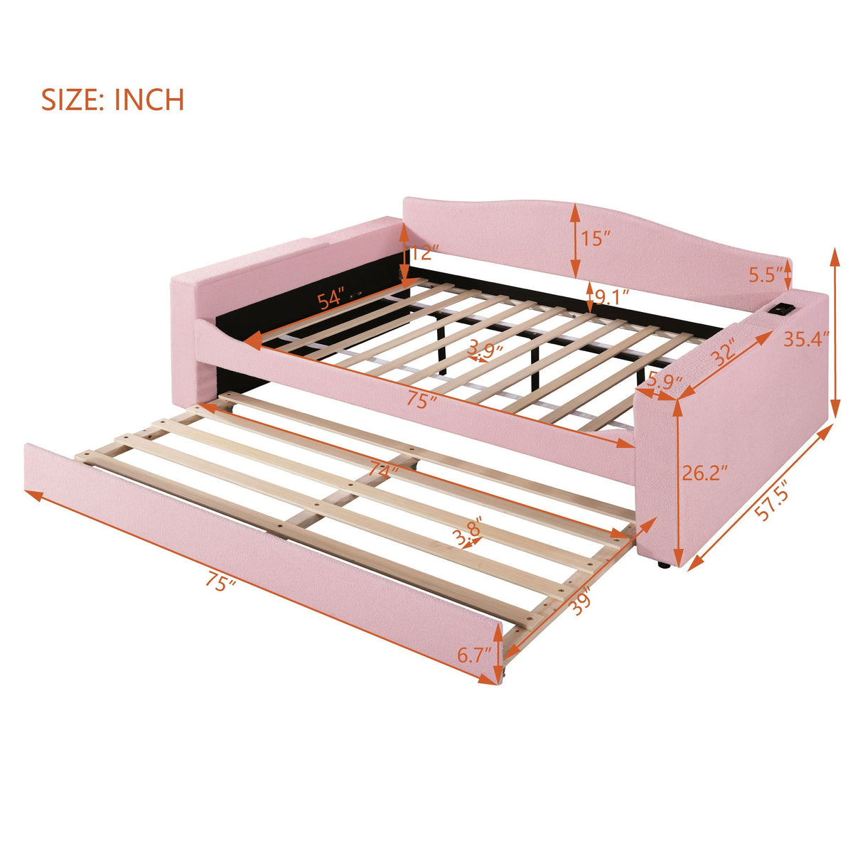 Pink upholstered daybed with storage armrests and pull-out trundle on wood slat frame on Tampa Home & Garden Store