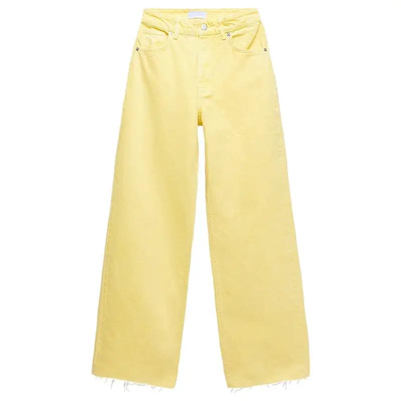 Women's yellow high-waist straight-leg jeans with frayed hems by FLIPSTYLEZLLC on Tampa Home & Garden Store