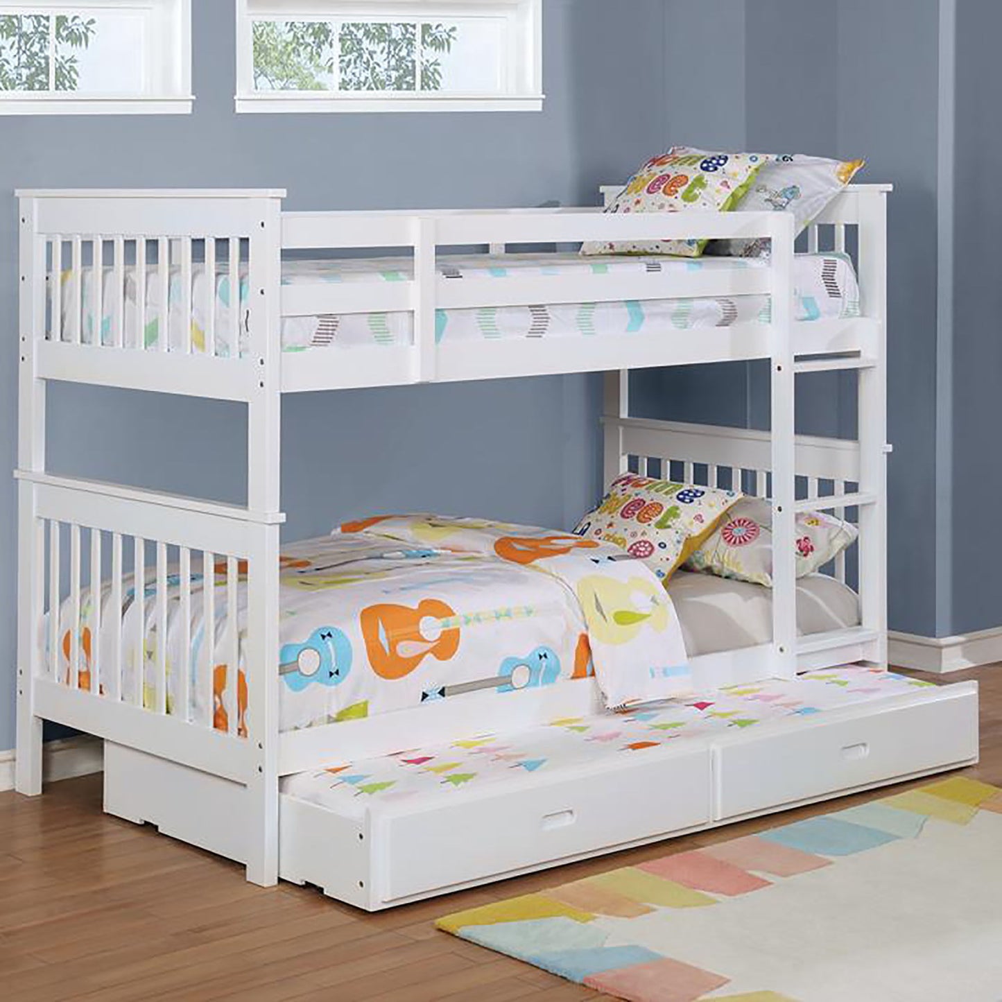HouseOfZazla white twin bunk bed with built-in ladder and slatted headboard on Tampa Home & Garden Store