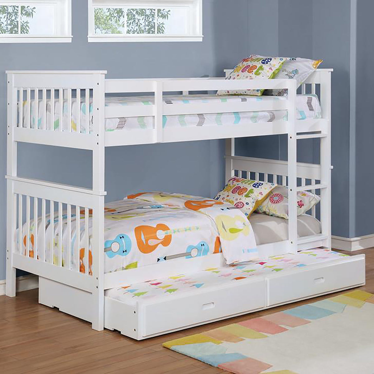 HouseOfZazla white twin bunk bed with built-in ladder and slatted headboard on Tampa Home & Garden Store