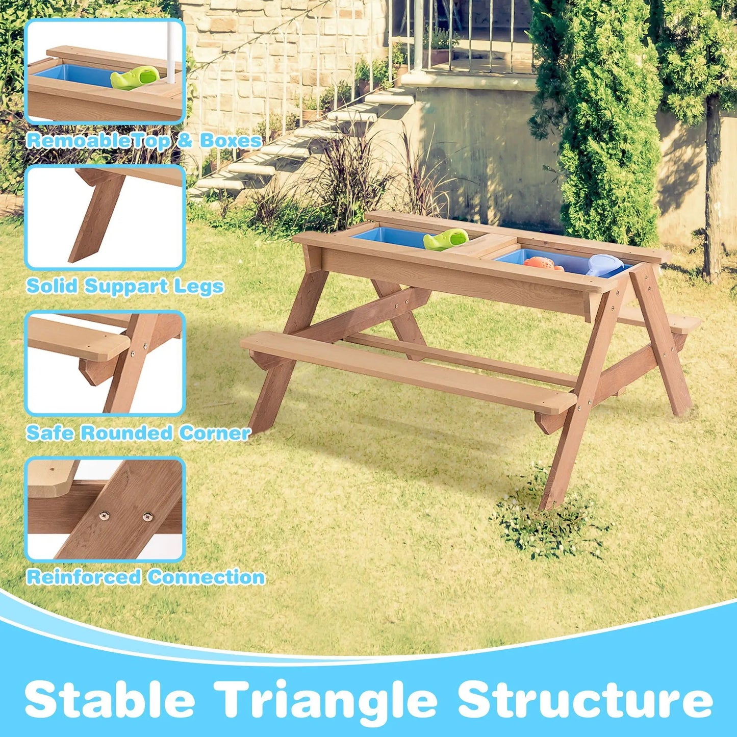3-in-1 kids picnic table with sand/water boxes and umbrella hole by Unique Piece Furniture on Tampa Home & Garden Store