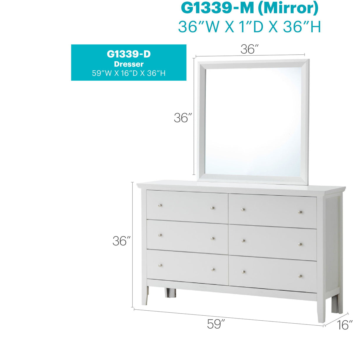 Primo Dresser in white finish with French dovetail drawers and matching mirror on Tampa Home & Garden Store