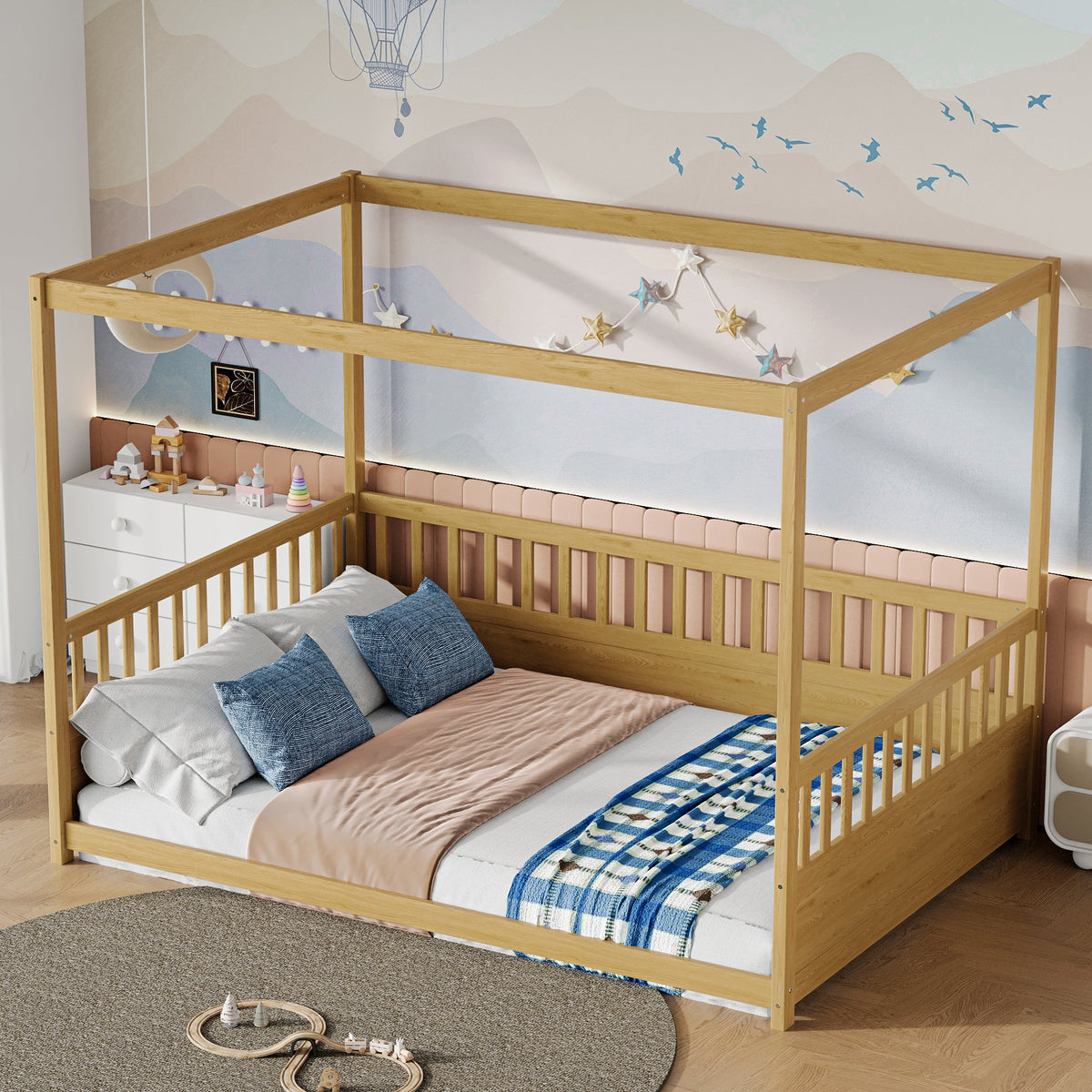 HouseOfZazla full-size wooden canopy bed frame with guardrails in light oak on Tampa Home & Garden Store