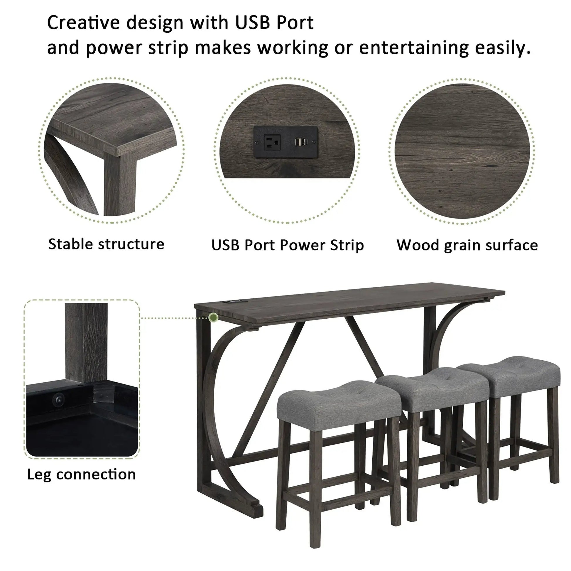 Bar Table Set with 3 padded stools, dark wood finish, curved metal legs Unique Piece Furniture on Tampa Home & Garden Store