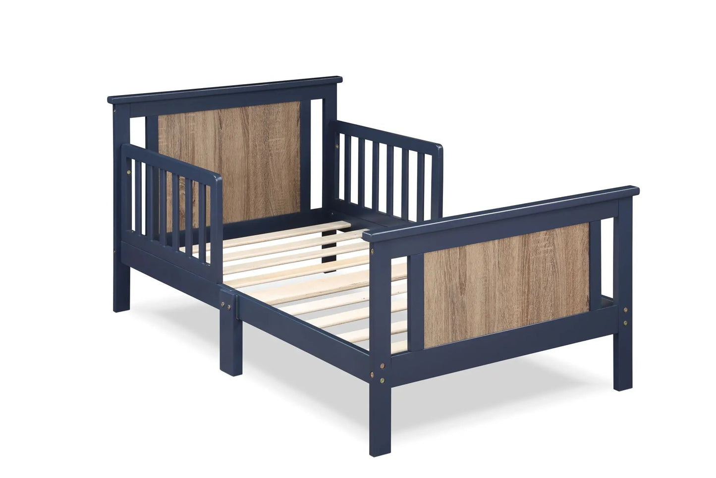 Connelly Reversible Panel Toddler Bed navy blue frame with natural wood panels on Tampa Home & Garden Store