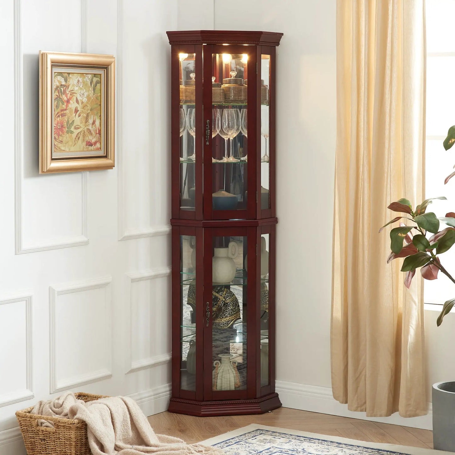 Corner curio cabinet with lights, mirrored back and tempered glass shelves in dark cherry on Tampa Home & Garden Store