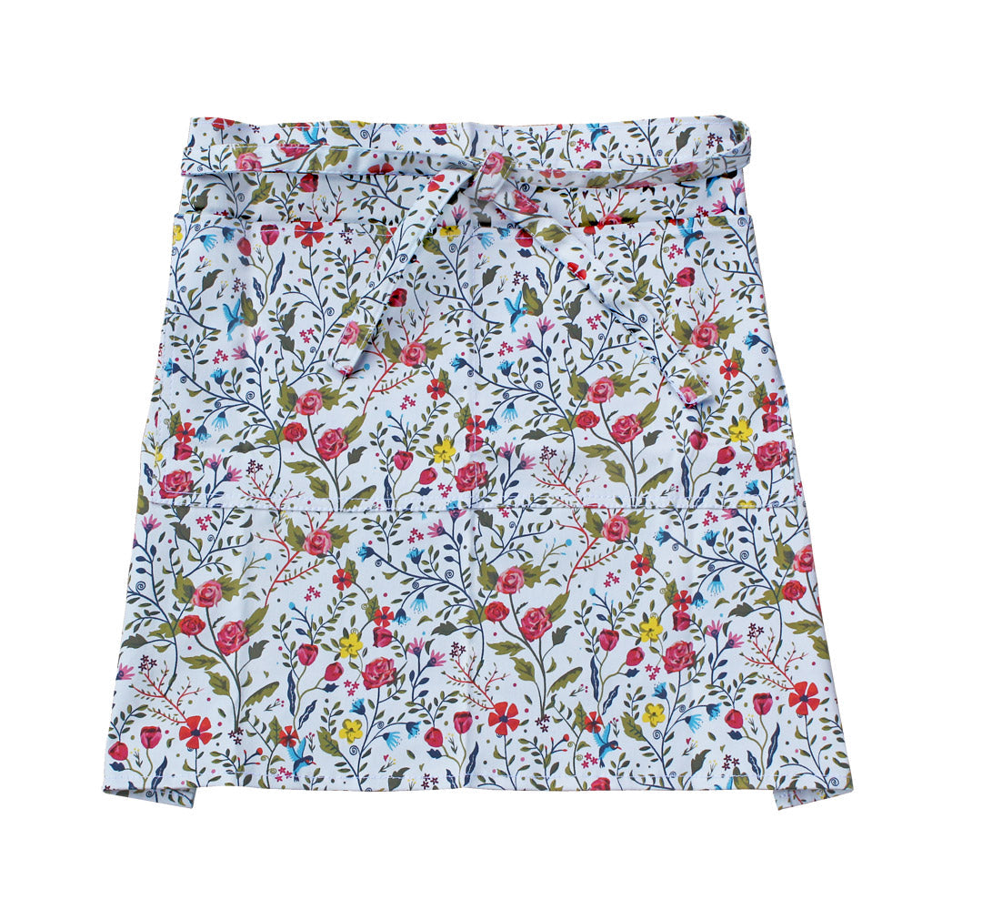 Gardener's Half Apron pale blue floral print with pink roses, waist ties by Womanswork on Tampa Home & Garden Store