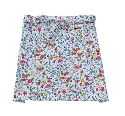 Gardener's Half Apron pale blue floral print with pink roses, waist ties by Womanswork on Tampa Home & Garden Store