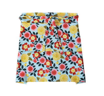 Gardener's Half Apron Womanswork, blue floral print with yellow/red flowers, tie waist on Tampa Home & Garden Store