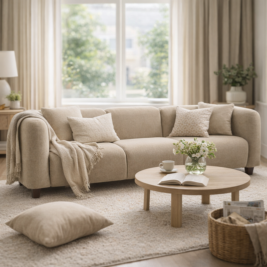 Modern 87 Inch Chenille Sofa beige with a sturdy frame by HouseOfZazla on Tampa Home & Garden Store