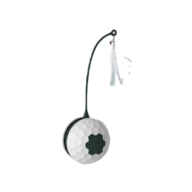 Cat chew toy ball with white dimpled surface and dark green patch, tether with tassel on Tampa Home & Garden Store