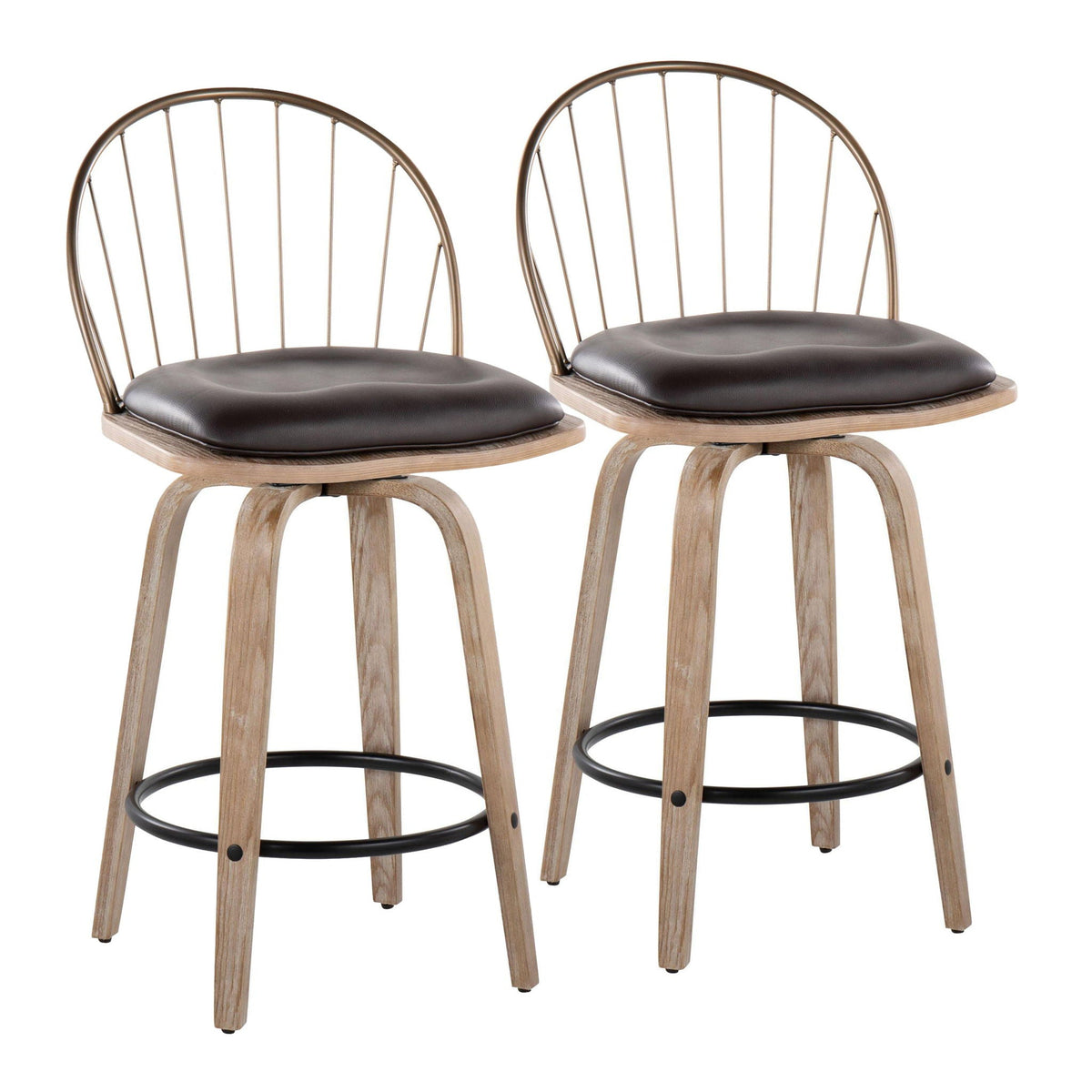 Farmhouse fixed-height counter stool pair with removable black cushions, whitewashed legs on Tampa Home & Garden Store
