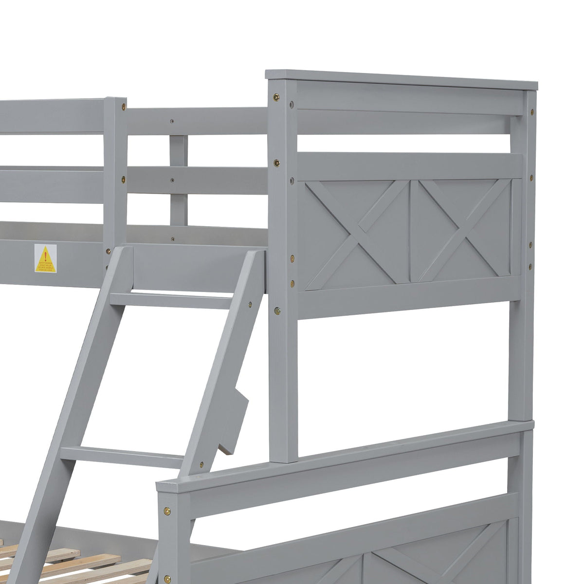 Gray wooden bunk bed with ladder and safety guardrail; X-panel end and upper rail visible on Tampa Home & Garden Store