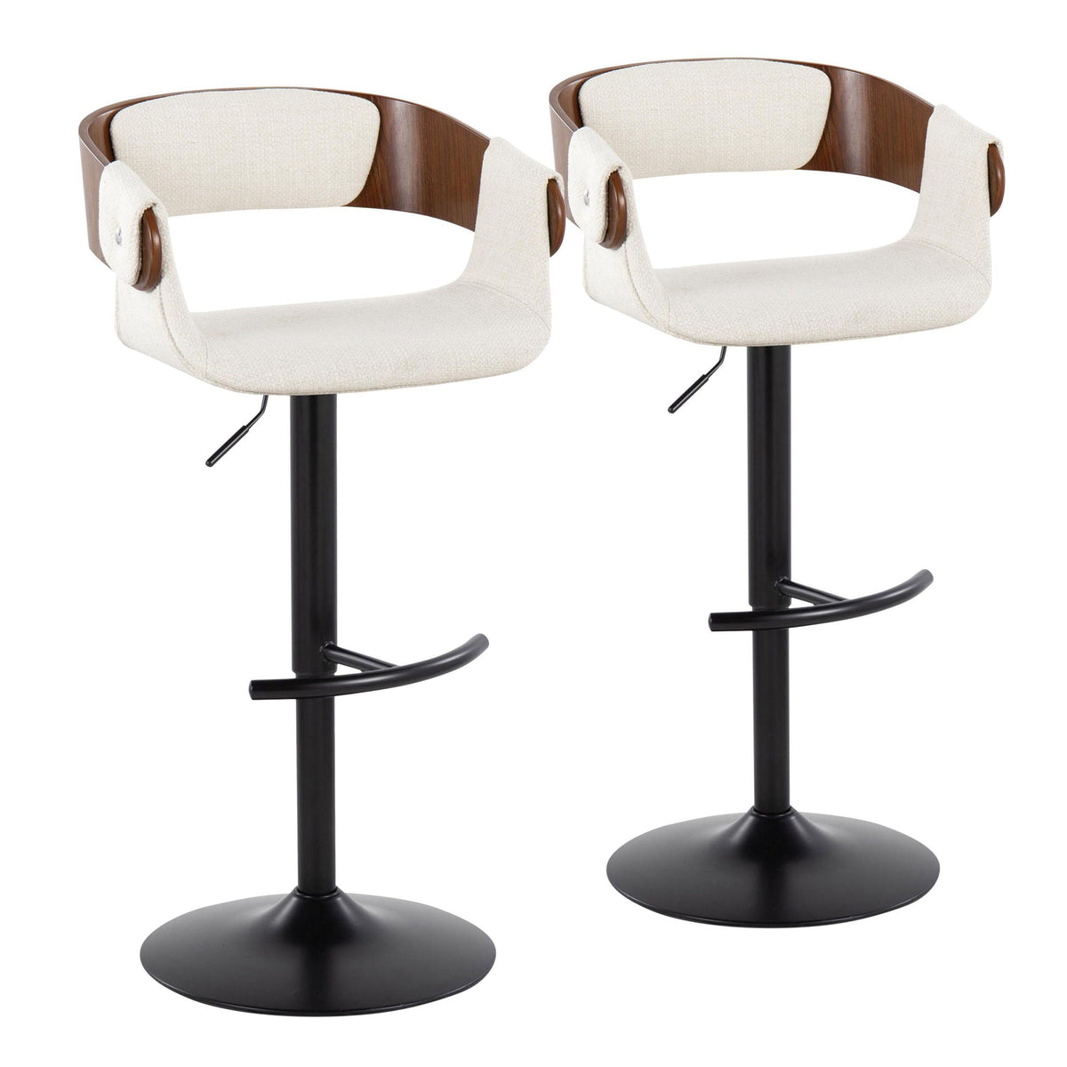 Pair of beige fabric mid-century barstools with wood backs and swivel footrests on Tampa Home & Garden Store