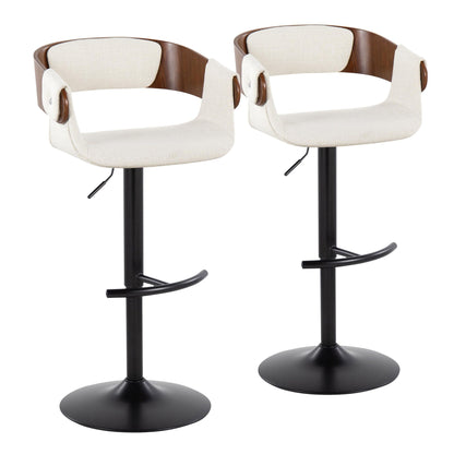 Pair of beige fabric mid-century barstools with wood backs and swivel footrests on Tampa Home & Garden Store