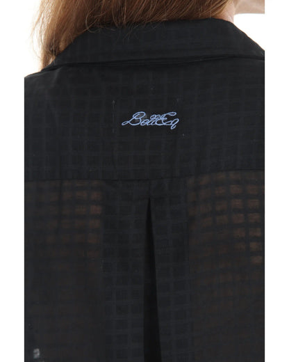 SUNDAE Women's Blouse Blackberry black shirt with light blue BellEq embroidery on back on Tampa Home & Garden Store
