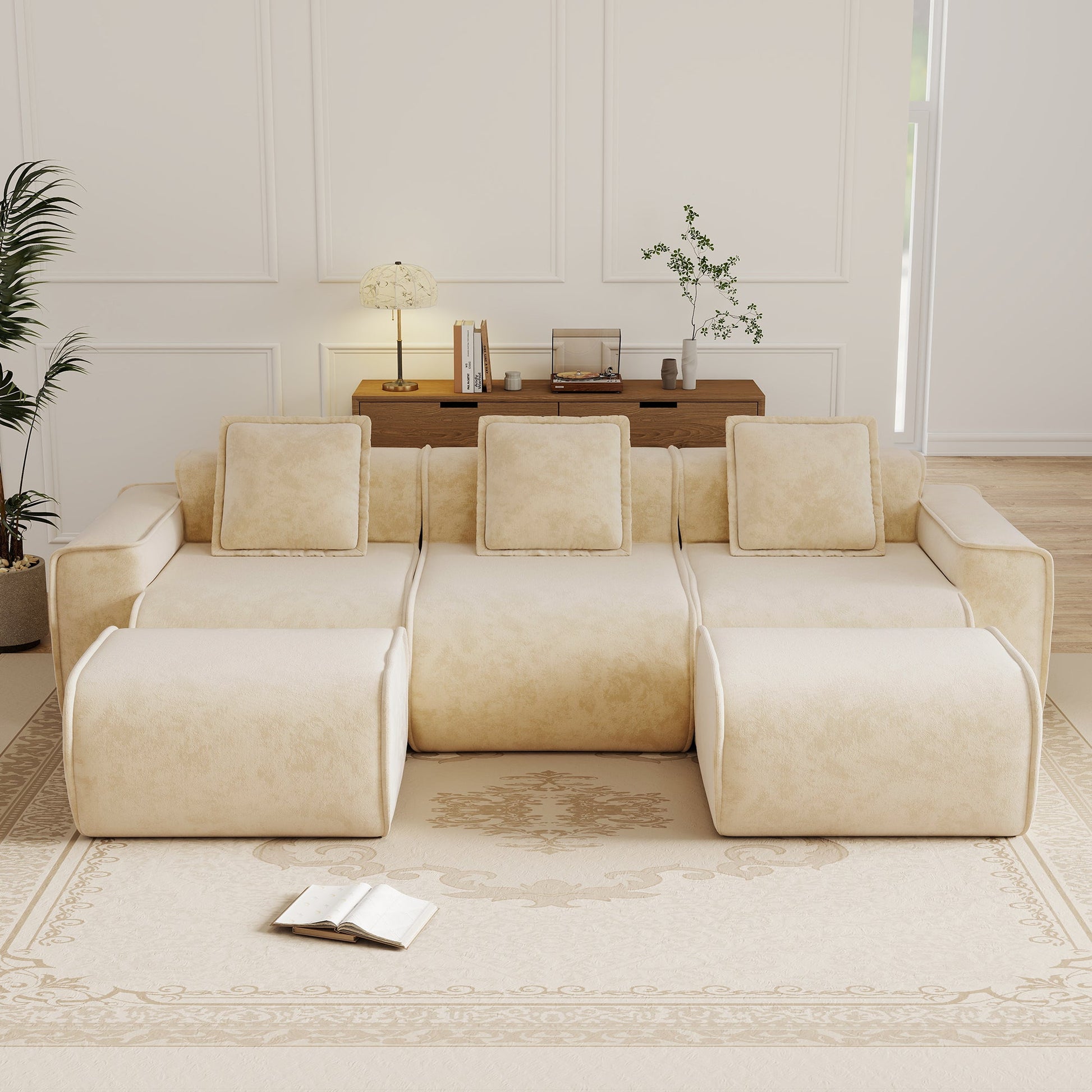 Streamlined Design Modular 3 Seat U Shape Sectional Sofa in beige plush fabric, modular units on Tampa Home & Garden Store