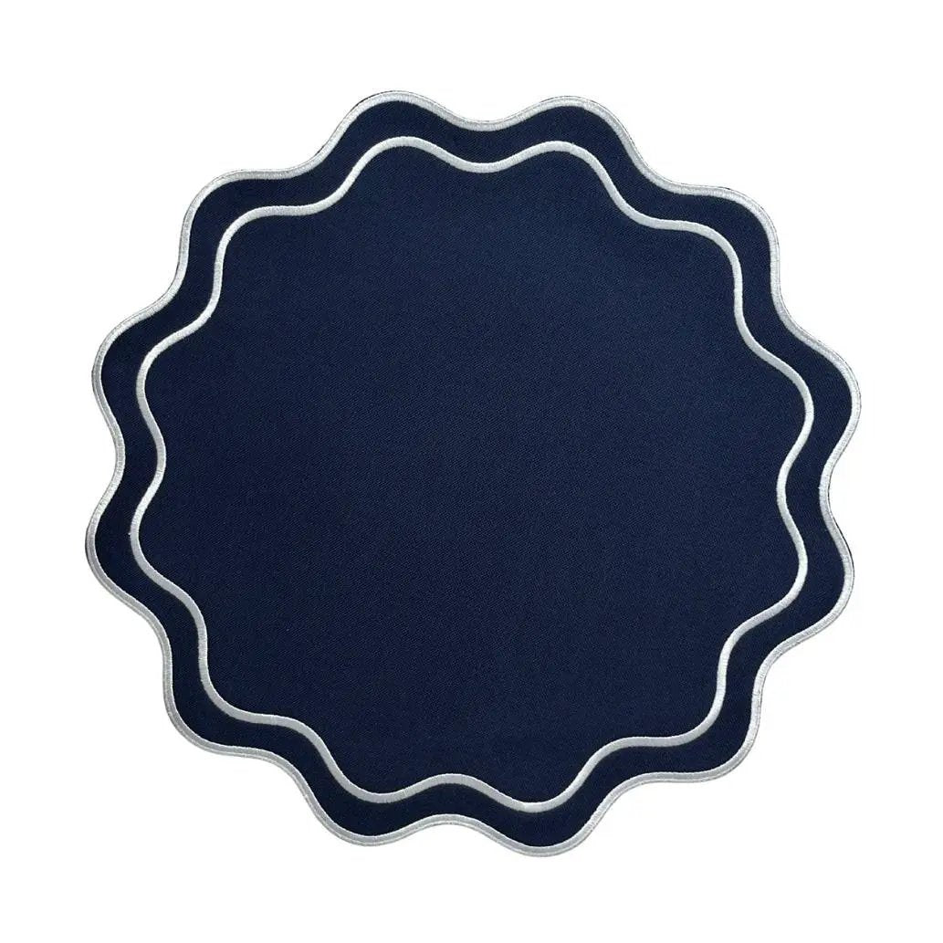 Pair of solid navy wave placemats with silver trim by Talah Home on Tampa Home & Garden Store
